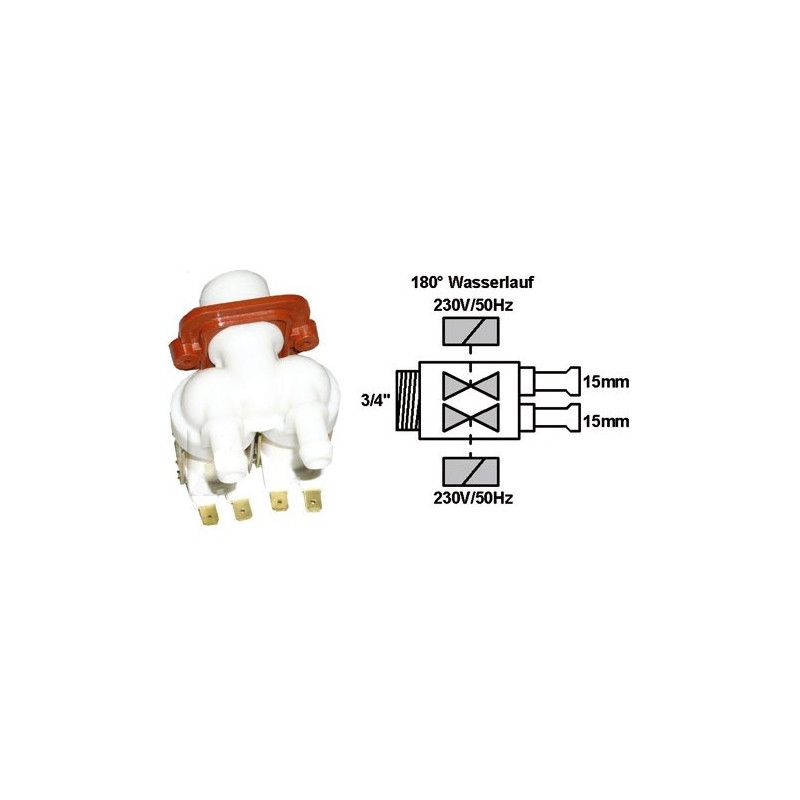 electrovanne 2 voies 180° dia 15 mm pour lave linge WHIRLPOOL