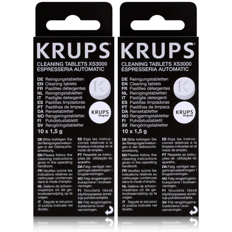 Lot de 2 boîtes de pastilles détergentes Krups - Chaque boîte contient 10 pastilles de 1,5 g.