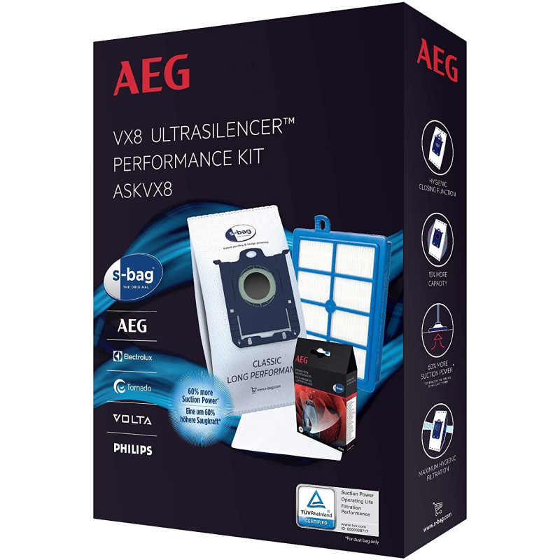 Kit performance & entretien VX8 (4 sacs, 1 filtre moteur, 1 filtre hygiénique, 4 granulés parfumés s-Fresh) pour aspirateurs AEG